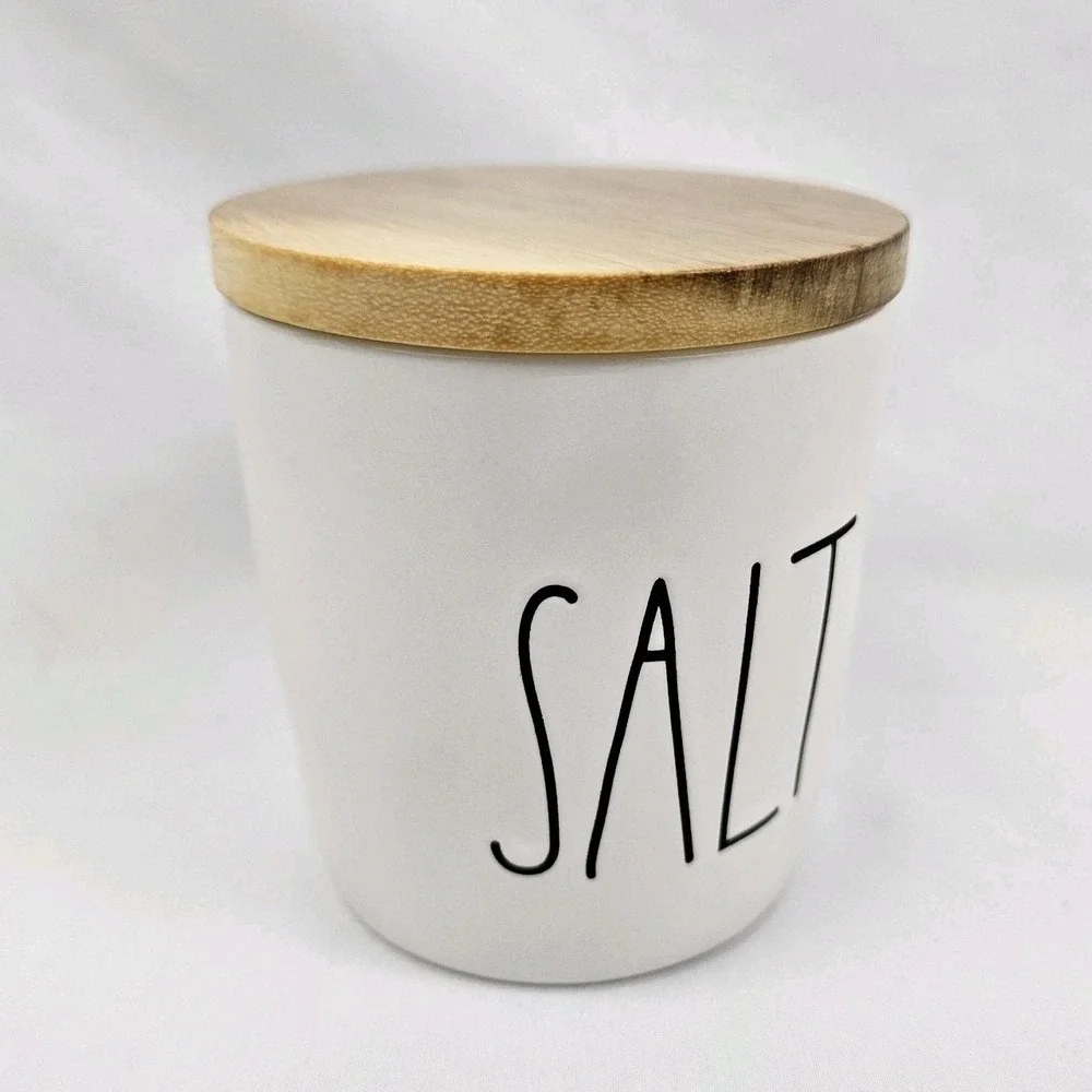 Rae Dunn Ceramic Salt Cellar Canister with Wooden Lid Farmhouse Decor White